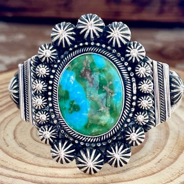 Statement Vintage Native American Navajo Easter Blue Turquoise Sterling Silver Bracelet