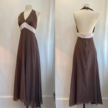 Vintage 70s Maxi Dress / Backless Halter Dress / Deep V Neck + Empire Waist / Sheer Chiffon Swiss Dot + Cotton Pique + Lined 