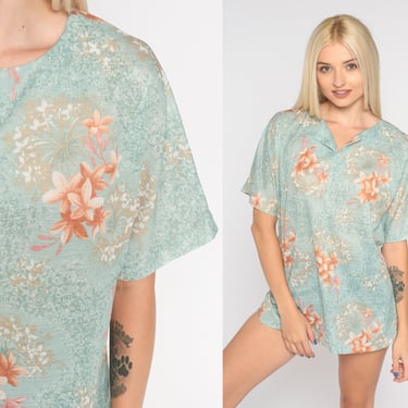 Blue Hawaiian Blouse 70s Tropical Floral Shirt Retro Boho Flower Print Top Short Sleeve V Neck Summer Hippie Top Vintage 1970s Medium Large 