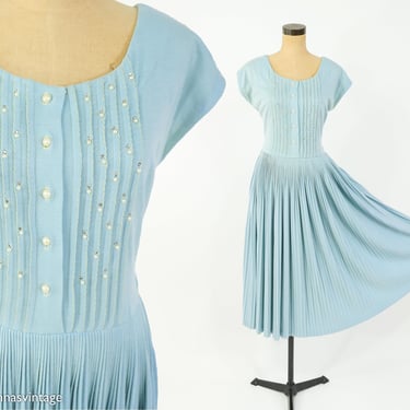 1940s Pale Blue Wool Pleated Skirt Dress | 40s Blue Rhinestone & Pearls Wool Dress | Medium 