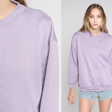 Lavender Sweatshirt 80s 90s Snap Up Jacket Plain Simple Pastel Cardigan Streetwear Sporty Sweater Athleisure Baseball Vintage Large L 