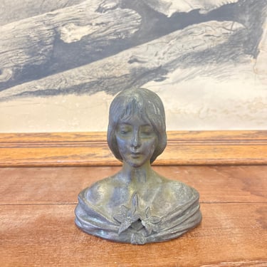 Vintage Figurine Bronze Female Sculpture with Floral Detail Description: Antique Style unsigned sculpture woman flower detail art decor 