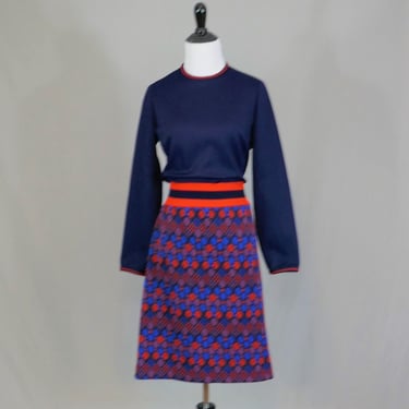 60s 70s Knit Dress - Dark Navy Blue Knit w/ Red Stripes and Purple Red Blue Floral Print Skirt - Fashioned by Patsy - Vintage 1960s 70s - M 