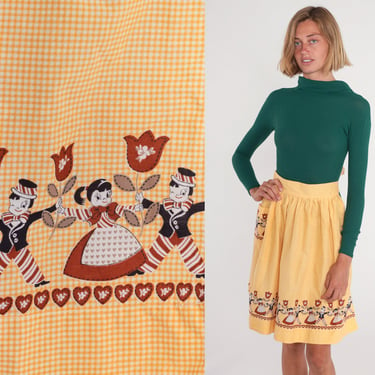 70s Apron Skirt Yellow Gingham Half Apron Open Back Diner Waitress Uniform Floral Heart Cartoon Child Print Pinafore Midi Vintage 1970s XS 