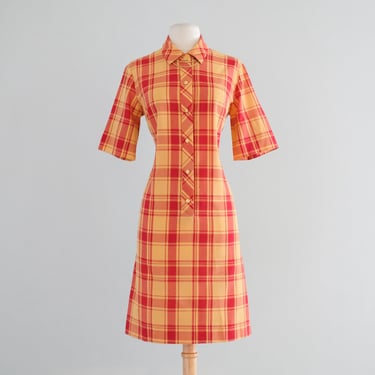 Chic 1960's Autumn Crimson Plaid Cotton Shift Dress / Sz M