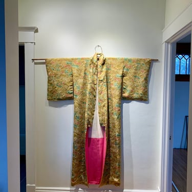 Vintage Japanese Silk Kimono - Golden Olive Silk Floral - Sheer Hot Pink Silk Lining - Full Length - Medium to Large 
