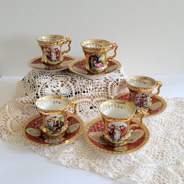 Vintage Royal Vienna Style Demitasse, Set of Austrian Porcelain Cups & Saucers 