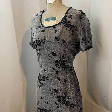 1990s Vintage Silver Black Maxi Dress Floral Metallic Lurex bodycon L 