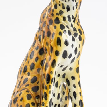 Italian Glazed Ceramic Seated Leopard Sculpture