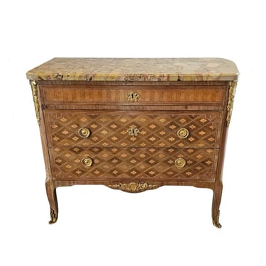 Antique French Transitional Style Tulipwood Sycamore Fruitwood Parquetry Chest Of Drawers Commode After P. Macret & C. Topino 