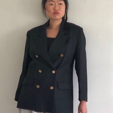 90s linen double breasted blazer / vintage minimalist black woven linen double breasted blazer | Medium 