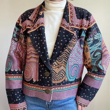 Vintage 90s Cat Embroidered Novelty Western Cropped Boho Blazer Jacket Sz L 