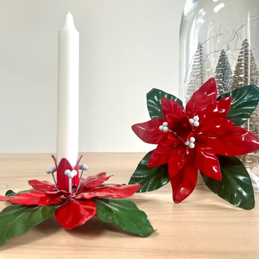 Vintage Poinsettia Candle Holders, Red and Green Enamel, Dept 50 