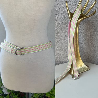 Vintage preppy belt fabric pink green white stripes S/M 