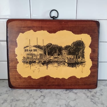 Vintage Wooden Wall Hanging with Lake Boathouse Boat Scene 