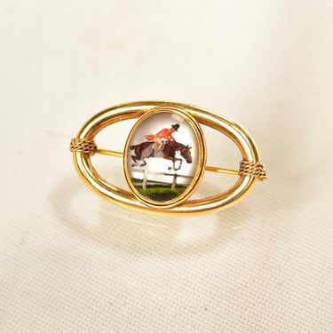 Vintage 14K Gold Essex Crystal Equestrian Brooch Pin, Miniature Horse & Jockey Painting, Yellow Gold Oval Frame, Woven Accents, 2 1/4