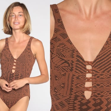 90s Bathing Suit Brown Geometric Print One Piece Swimsuit Low Back Abstract Pattern Keyhole Swim Suit Bohemian Vintage 1990s Small Medium 