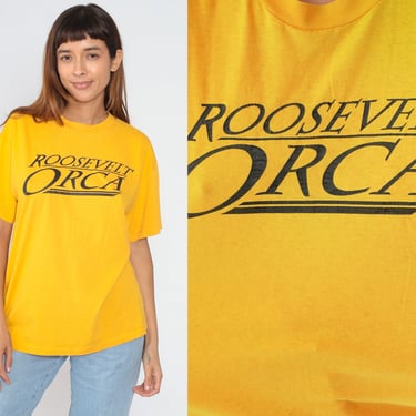Roosevelt Orca Shirt 80s Seattle High School T-Shirt Washington Logo Graphic Tee PNW Orcas Retro Yellow Single Stitch Vintage 1980s Large L 
