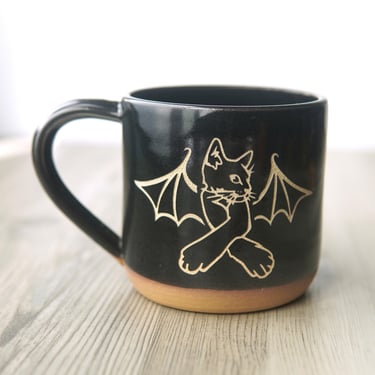 Cat Bat Mug - vampire kitty black handmade pottery 