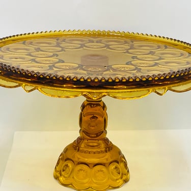 Vintage L E Smith Moon & Stars Amber Glass Pedestal Cake Plate Stand 