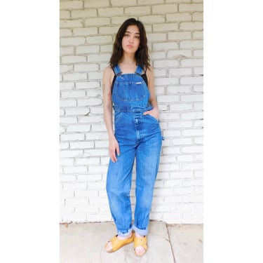 Fitted Clipper Overalls // vintage 1970s 70's 1970's denim hippie jeans dress hippy jean 70s painters chore distressed long inseam // XS 