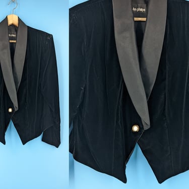 Vintage 80s John Phillips Black Velvet Cropped Tuxedo Jacket - Eights large / XL Bold Shoulder Cropped Jacket 
