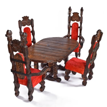 Vintage Witco Rustic Carved Wood Conquistador Dining Set with Red Chairs 
