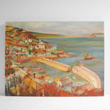 Vintage Oil Painting of Mousehole, Cornwall UK, Coastal Sea Town Painting 