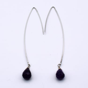 80's minimalist sterling amethyst threader earrings, purple teardrop 925 silver wire boho dangles 