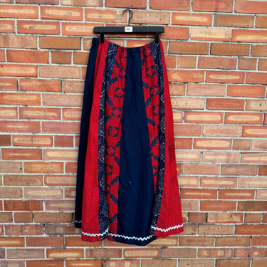 vintage 70s blue and red bandana print peasant skirt / l large 