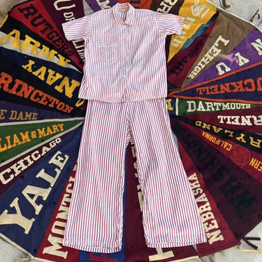 Vintage 1930s Purple &amp; White Striped Cotton Pajama Set Lounge Side Button Pants