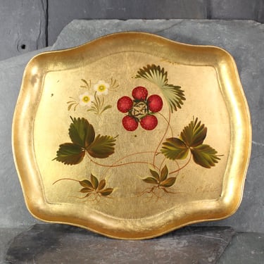 Vintage Gold Leaf, Hand-Painted Wooden Tray | Strawberry Tole Painting Tray | Bixley Shop 