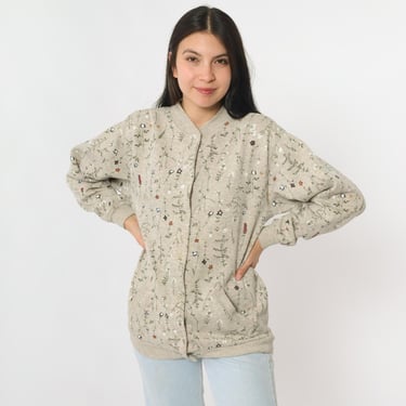 Embroidered Floral Cardigan 80s Cream Wool Button up Knit