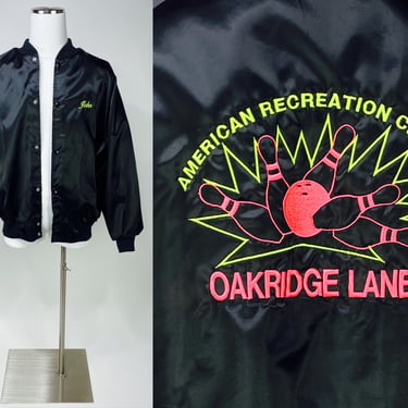 1980s Shiny Black Bowling Jacket w Neon Green & Pink BLACKLIGHT Embroidery by West Ark USA 2XL John Name Patch | Rec Center Oakridge Lanes 