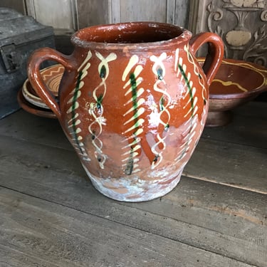 French Pottery Jug, Val de Saône, Olive Oil, Confit, Rustic Terracotta, Redware Green Slip Glaze, French Farmhouse, Farm Table, With Damage 