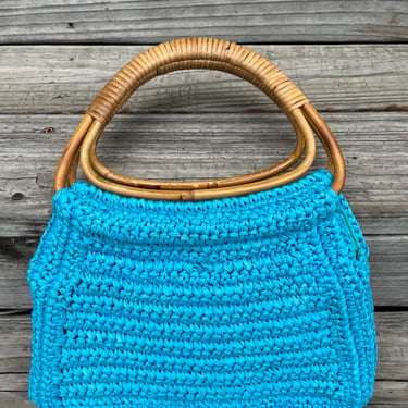 turquoise woven purse 1970s big handle boho tote bag 