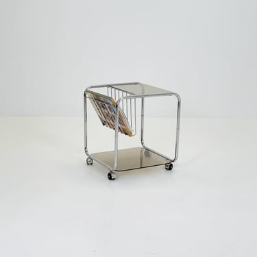 Mid century Chrome bar cart/serving trolley. magazine rack Smoked glass, Bauhaus Germany 1980s 