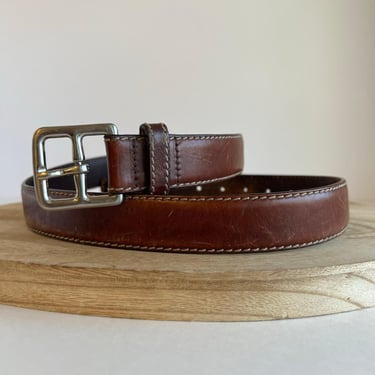 Vintage Brown Genuine Leather Worn in Distressed Belt with Silver Buckle - Large 