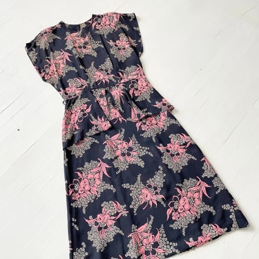 1940s Rayon Floral Print Peplum Waist Dress 