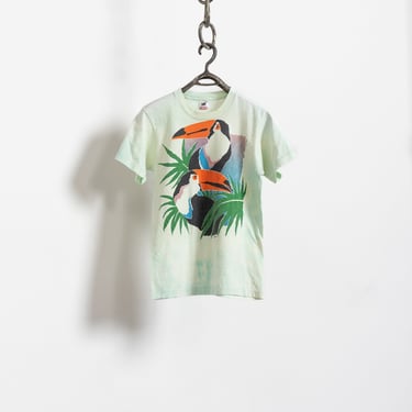 PARROT BIRD TROPICAL Vintage T-Shirt Tie Dye Pale Green Spring Summer Crew Neck / Small Medium 