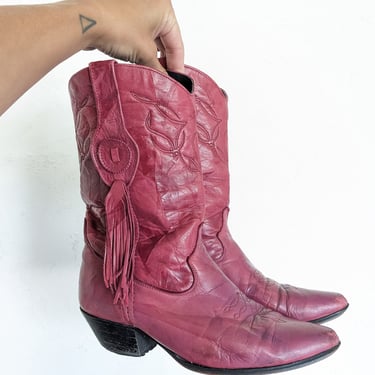 Vintage Pink Leather Cowgirl Boots with Fringe 