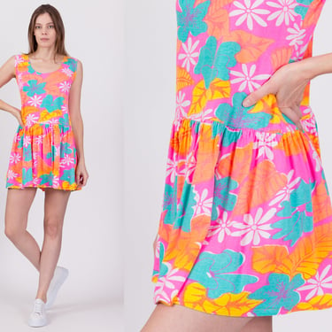 Sm-Med 90s Pink Floral Summer Mini Dress Petite | Vintage Sleeveless Drop Waist Tank Sundress 