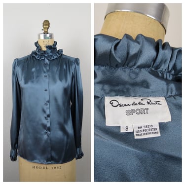 Vintage 1970s satin blouse, Oscar de la Renta, high neck, ruffle neck, size small 