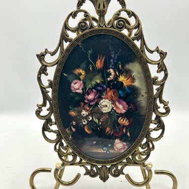 Vintage Made in Italy Floral Brass Frame, Oval, 10 x 7, Ornate Frame, Convex Glass, Victorian Style, MCM 1960s Wall Decor, Wall Hanging 