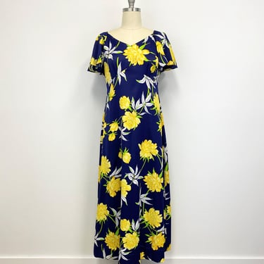 Vintage 1980s Hawaiian Print Maxi Dress with Empire Waist |  Navy Blue and Yellow Floral | size 16 