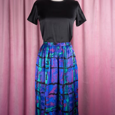 Super Luxurious 100% Silk Vintage 1980s Umi Collections by Anne Crimmins Bold Abstract Print Skirt with Pockets 