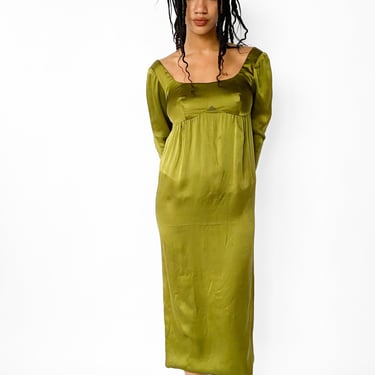 1960s Olive Green Silk Satin Dress, sz. S