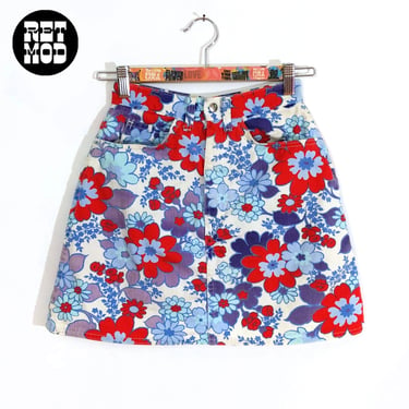 Vintage 60s 70s Red Blue White Flower Power Jean Mini Skirt 