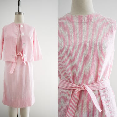 1960s Pink Seersucker Dress and Jacket Set 