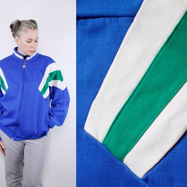 Vintage 80s Color Blocked Track Jacket / Memebers Only / Blue with Green and White Shoulder Detail - L 